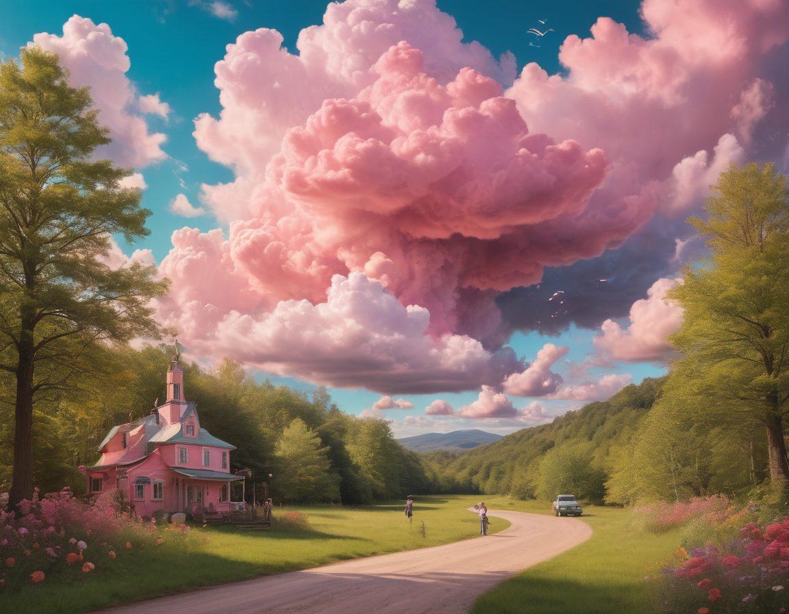 A whimsical scene blending fantasy and reality, featuring a film set with whimsical elements like enchanted forests and dreamy clouds, intertwined with film reels and cameras capturing joyous moments. Include a diverse group of adults sharing laughter and creativity, showcasing their passion for adult films. Soft pastel colors with a hint of vibrancy to evoke warmth and excitement. surrealistic. vibrant colors. dreamy background.